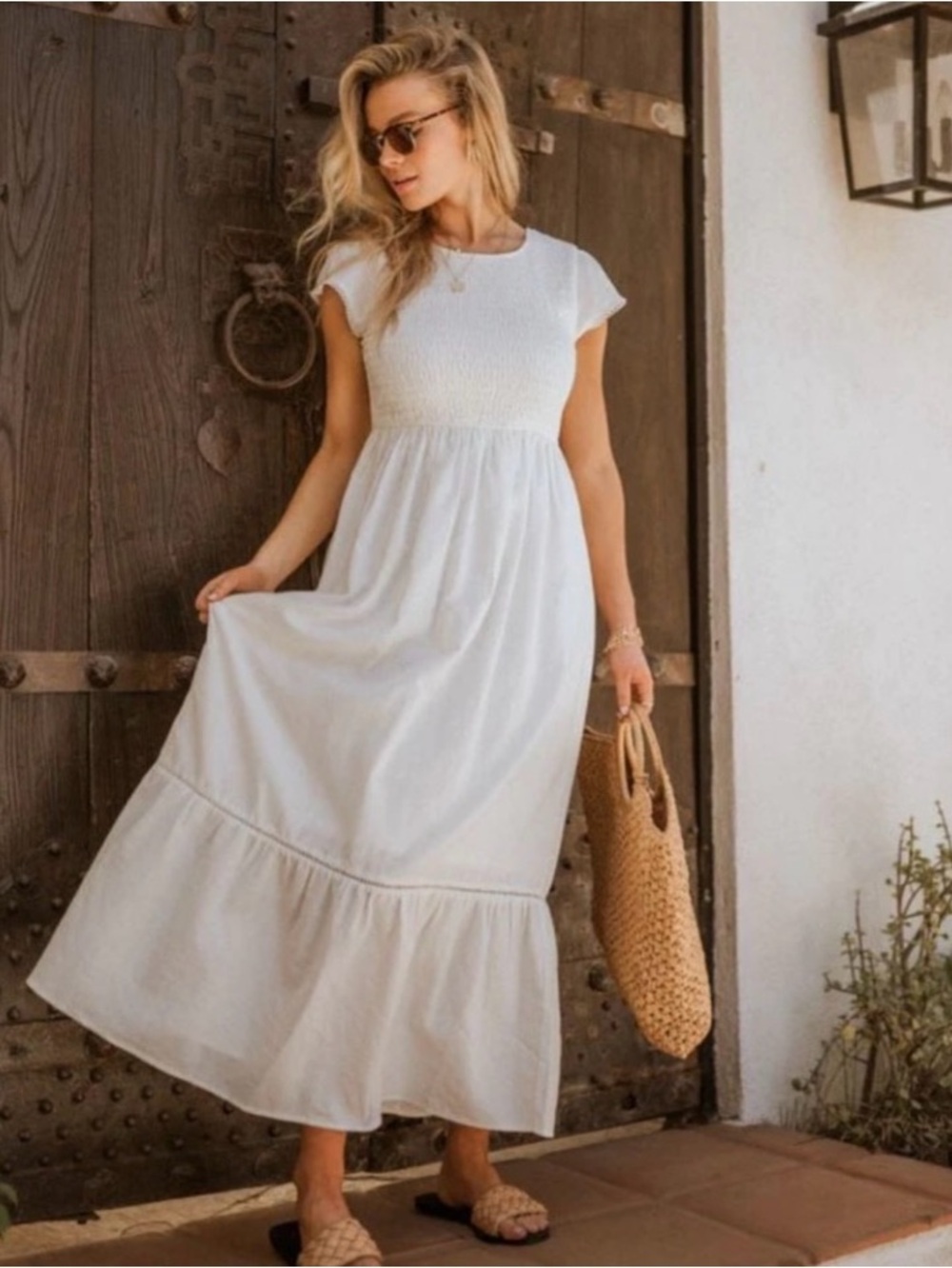bohme White Smocked Maxi Dress